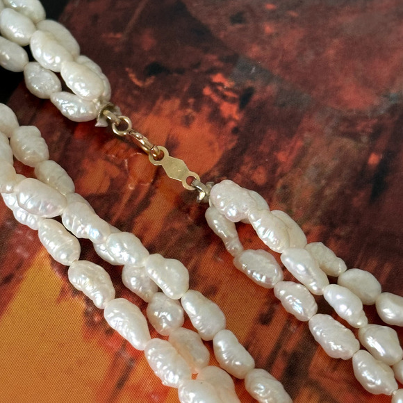 14K Yellow Gold Genuine Cream Pearl Triple Strand Multi Row Necklace 16" - Picture 8 of 10